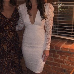 ASOS white lace midi long sleeved pencil dress